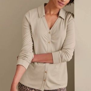 NWT Soft Surroundings Collared Top Button Up Long Sleeve Shirt XL Ribbed Beige